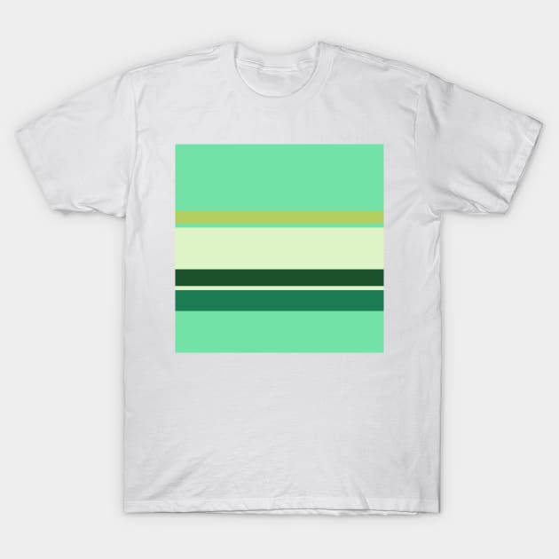 The onliest amalgam of Dark Sea Green, Medium Aquamarine, Very Light Green, Cal Poly Pomona Green and Light Olive stripes. T-Shirt by Sociable Stripes